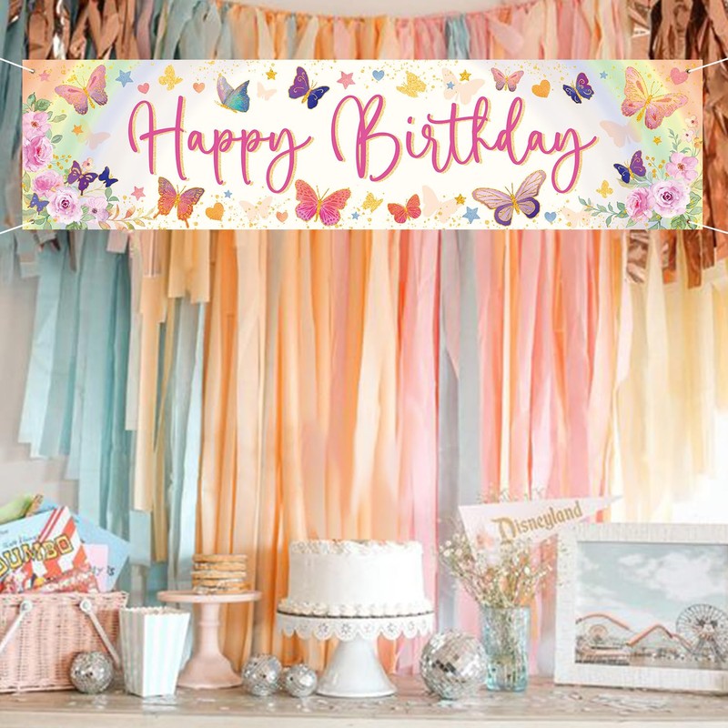 Butterfly Birthday Banner 7.8 x 1.9 ft, Floral Butterfly Birthday