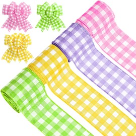 FYSUIMU 4 Rolls Pastel Plaid Wired Edge Ribbon 2.5 Inch Spring Easter Gingham Fabric Ribbon Colorful Checkered Ribbon for Basket Bow Wreath Gift Wrap Craft Party Home Decor, 24 Yards
