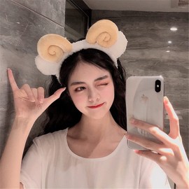Black Sugar Ears Animal Sheep Aries Plush Cute Japanese Accessory Costume Cosplay Lolita Evening Party Headband One Size (Beige)