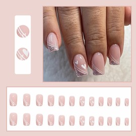 Valentine's Day Square Press on Nails Medium - Glitter French Tip Press on Nails White Heart Patterns Pink Fake Nails Full Cover False Nails Glossy Stick on Nails for Women Girls, 12 Sizes, 24PCS