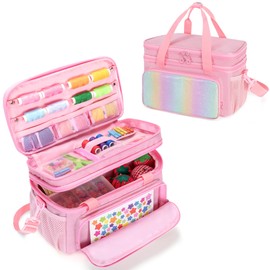 GRAOSO Organizador de costura de doble capa para manualidades, suministros de costura, bolsa de accesorios de costura, caja de costura portátil con asa y correa de hombro desmontable, diseño de