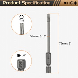 sourcing map T15 Torx Head Screwdriver Bit 1/4" Hex Shank 3" (75mm) Long Magnetic No Hole Tip Tamper Proof 6 Point Star Screw Driver Drill Bits S2 Steel Industrial Power Screwdrivers