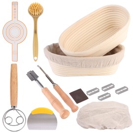 premium 10-inch banneton bread proofing basket set - two indonesian rattan weave with, dough mixer, sourdough starter kit & baking mat - perfect for home bakers & sourdough bread (Oval, 10 Inch)