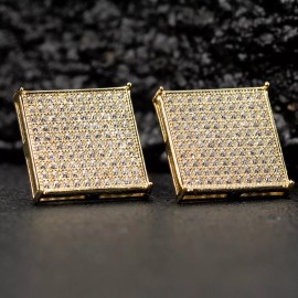Street Knitted Men's 14K Gold Plated Iced Micro Pave Large Square Screw Back Stud Earrings