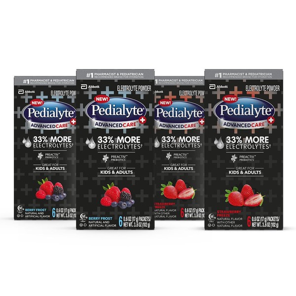 Pedialyte AdvancedCare Plus Electrolyte Powder Strawberry Freeze And Berry Frost With 33% More Electrolytes And Has PreActiv Prebiotics 0.6 Oz Powder Packs, 24 Count