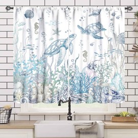 Sea Turtle Curtains,Coastal Nautical Beach Theme Blue Window Treatments for Kichen,Tropical Beachy Under The Sea Living Room Bedroom Window Drapes,55X39 Inch