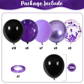 Purple and Black Balloons, 12 Inch Dark Purple Light Purple Black Balloons with Metallic Purple Confetti Latex Balloons Set for Girls Women Birthday Baby Bridal Shower Wedding Party Decorations