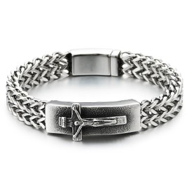 COOLSTEELANDBEYOND Stainless Steel Jesus Christ Crucifix Cross Bracelet for Men, Square Franco Chain, Old Metal Texture