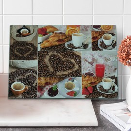 Ambesonne Coffee Cutting Board, Collage of Different Photos Breakfast Theme Croissant Coffee Beans and Strawberries, Decorative Tempered Glass Cutting and Serving Board, Large Size, Multicolor