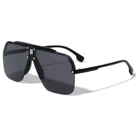 Dweebzilla Oversized Semi Rimless Square Pilot Aviator Sport Sunglasses (Glossy Black Frame - Black Super Dark Lenses)