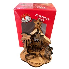Olive Wood Bethlehem Small Nativity Set Christmas Tree 3"x 2.5" in Gift Box