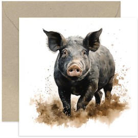 Old English Co. Watercolour Black Pig Greeting Card for Birthday - Cute Farm Birthday Card for Mum, Nan, Her - Wildlife Art Card for Thinking of You, Thank You, Just Because | Blank Inside