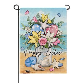 Artofy Happy Easter Beach Mason Jar Small Decorative Garden Flag, Coastal Lily Flower Easter Eggs Yard Lawn Outside Decor, Spring Nautical Starfish Burlap Outdoor Home Decoration Double Sided 12 x 18