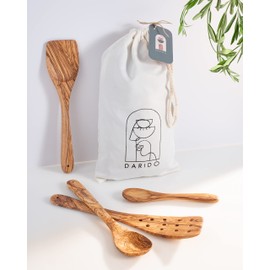 Darido Olive Wood Cooking Spoons Set of 3 with Extra Small Spoons - 30 cm - Handmade - Heat Resistant and Scratch Resistant - Kitchen Utensils - Spoon, Spatula, Fixed Spatula and One Small Spoon