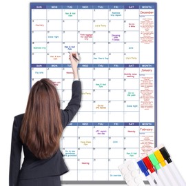 Large Dry Erase Calendar for Wall - Undated Wall Calendar Dry Erase, 28" x 40" (Vertical), Erasable & Reusable Wall Calendar 3 Month with Round Stickers and Markers for Home, Office, Classroom and Gym Use, Blue
