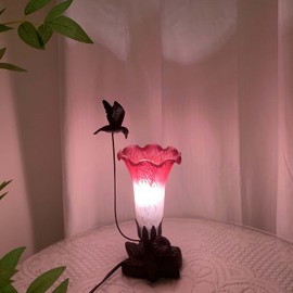 Bieye LL06 Hummingbird Flying Over Lily Flower Blown Glass Table Lamp for Home Decor (White Red, 4.25Wx12H)
