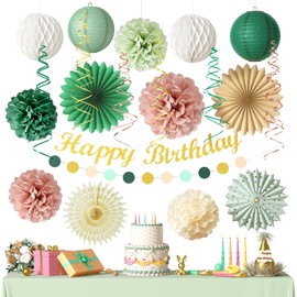 Sage Green and Dusty Pink Birthday Decorations-Sage Pink Paper Pom Poms Lanterns,Neutral Beige Paper Fans for Women Girls Wedding Bridal Shower Boho Rustic Baby Shower Party Decor