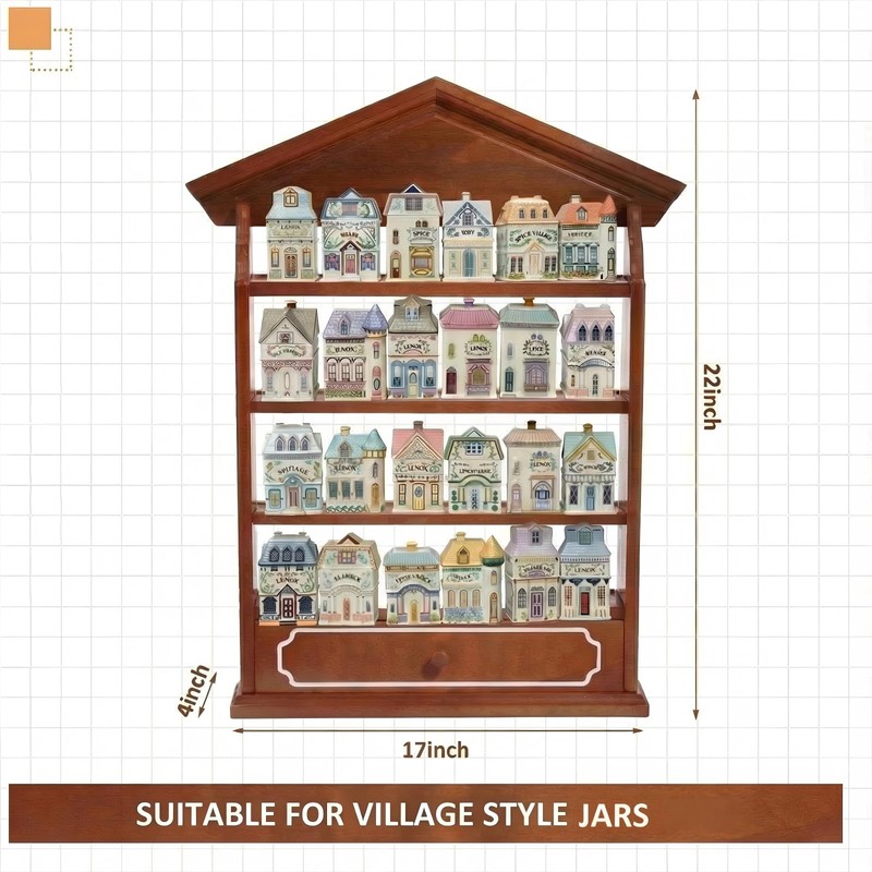 Vintage Wooden Spice Rack Village Style Display Shelf for 24