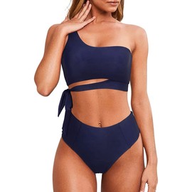 COOLIZ Traje de baño para Mujer Dos Piezas de Cintura Alta para Playa Surf Piscina Un Hombro Descubierto con Tira de Amarre y Lazo