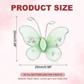 PATIKIL 50Pcs Butterflies for Crafts, 1" Mesh Wire Glitter Butterfly Organza Butterflies for DIY Craft Home Decor Clothing Wedding Decoration, Light Green