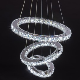 LED Chandeliers Modern Crystal 3 Rings Round Pendant Lighting with 3-Color Changing, Adjustable Stainless Steel Hanging Ceiling Light Fixtures for Dining Room Living Room Bedroom Kitchen Staircase