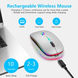mouse inalámbrico LED, ratones silenciosos delgados y recargables de 2.4 G, mouse óptico portátil de oficina con receptor USB y adaptador tipo C, 3 DPI ajustables para portátil, computadora, PC,