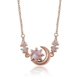 Moon Necklace for Women, Dainty Crescent Moon Star Planet Charm Necklace with Shinning Purple Glass, Minimalist Unique Pendant Jewelry for Girls - Rose Gold with Purple Gemstone