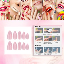 Rchovsam Pink Press on Nails Medium Almond Nails Press Ons Solid Pink Designs False Nails Full Cover Glossy Artificial Acrylic Fake Nails Gift for Women 30pcs