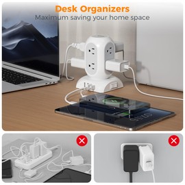 TESSAN Surge Protector Power Strip Tower, TESSAN Flat Plug Extension Cord 10 Ft with 8 AC Multiple Outlets 4 USB Ports (1 USB C), 1050J Protection Desk Charging Station for Home, Office Supplies, Dorm Room
