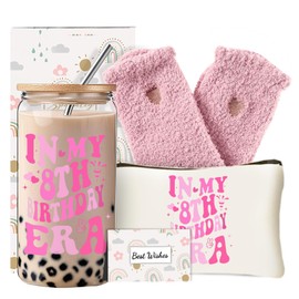 8th Birthday Gifts for Teen Girls, Happy 8 Year Old Girls Birthday Gift Ideas,Unique Gift Set with 16 Oz Glass Cup for daughter Sister Niece Granddaughte