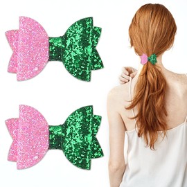 2 PCS Wizard Witch Hair Bows Glitter Pink Green Hair Clips Magical Crystal Princess Hair Accessories for Women Cosplay Party Favor Supplies