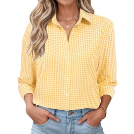 LOMON Women Wrinkle Free Blouse Elegant Checked Blouse Travel Tops Comfy Western Gingham Shirt Yellow and White Plaid XL
