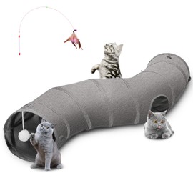 Ownpets Cat Tunnel, S Shape bend Way Pet Tunnel with Sturdy Oxford Fabric, Foldable and Resistant to Tearing, Featuring Multiple Exits, Hanging Ball and Teaser Wand,Grey,Length 120CM