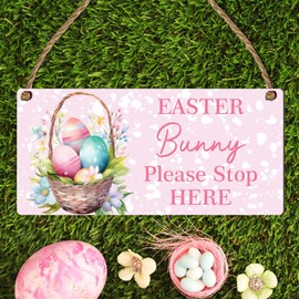 Easter Bunny Welcome Wooden Plaque - Handcrafted Egg Basket Design on Pink Background, Rectangle Spring Decor for Home Adornment, Customisable Display for Festive Charm, Gift or Hamper Decoration