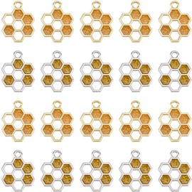 SUNNYCLUE 1 Box 60Pcs Honeycomb Charms Bulk Honey Comb Charms Alloy Enamel Gold Silver Hollow Hexagon Spring Sweet Bee Honey Charm for Jewelry Making Charms DIY Craft Necklace Bracelet Earring Adults