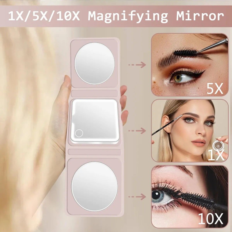 Recargable Espejo De Maquillaje Luz Tríptica Aumento 5x/10x