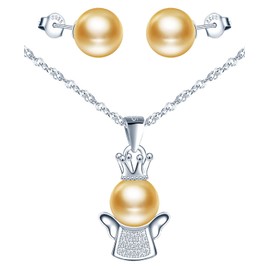 Yumilok Women's Necklace with Pendant Women's Earrings Pearl Stud Earrings Guardian Angel Jewellery Set for Women Girls Hypoallergenic 925 Silver, Sterling Silver Pearl Sterling Silver Pearl Zirconia,