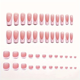 48 Pcs Press on Nails Medium Square & Press on Toenails Set, Pink French Tip Fake Nails Full Cover Glue on Nails Pink Press on Toe Nails French Stick on Toe Nails Acrylic Nails Kit for Women Manicure