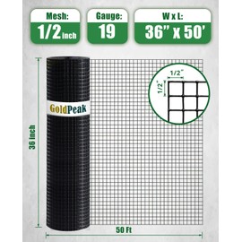 GoldPeak Black Hardware Cloth 1/2 inch 36in. x 50ft. 19 Gauge - Vinyl Coated Chicken Wire Mesh Roll Garden Fence Chicken Coop Wire Cage Wire Rabbit Wire Rodent Mesh Chicken Fence