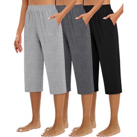 Huukeay 3 Pack Women's Capri Sweatpants, Cozy Wide Legs Cropped Capri with Pockets, Lounge Jogger Pants Workout Yoga Capris (Black, Dark Gray, Light Gray,XX-Large)