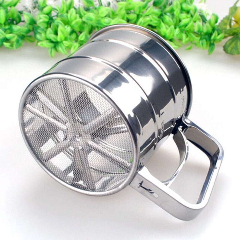 Stainless Steel Shaker Sieve Cup Mesh Crank Flour Sifter with