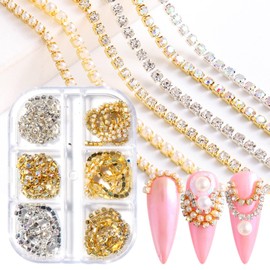 Metal Nail Art Chains Decorations, Gold Silver Nail Art Line Accessories, Punk Luxury Pearl Gem Nail Art Glitter Design, 3D Nail Art Chain Supplies for Women Manicure Art, Resin Nail Art Tips Tools