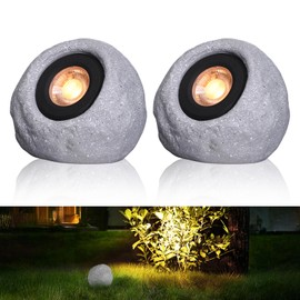 LEONLITE 5CCT LED Rock Lights Outdoor, 5W Low Voltage Landscape Spot Light for Garden, Yard, Decorative Stone Light, 12-24V AC/DC, CRI90, 200lm, IP65 Waterproof, Round, Light Gray, Pack of 2