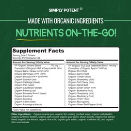 Simply Potent Super Greens With 28 Organic Veggies & Fruits, Superfood Supplement Tabs With Spinach Spirulina Beet Alfalfa Grass & Antioxidant Amazing Berries For Immune Detox 60 Tablets