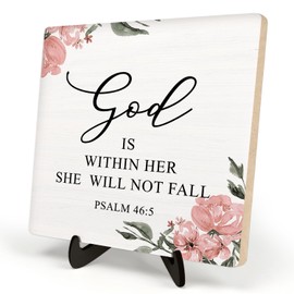 Christian Bible Verse Wooden Desk Sign,God Is Within Her, She Will Not Fall,Motivational Gift for Women, Home or Office Decor 5.9x5.9inch(PSALM 46:5)