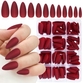 Lifextol 240PC Almond Press on Nails Medium Legnth Fake Nails Matte Almond Nails Press on Nail Short Stiletto False Nail Tips Colored Burgundy Artificial Fingernail & Nail Glue Ahdesive Tab for Women