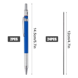 KINBOM 2Pcs Streak Welder Pencils with Build-In Nib Sharpener, 24Pcs 2mm Round Pencils Refills, Automatic Mechanical Carpenter Pencils for Welding Metal Wood Construction Marker Drawing Writing(Blue)