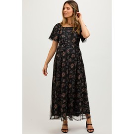 PinkBlush Black Floral Waist Tie Maternity Midi Dress