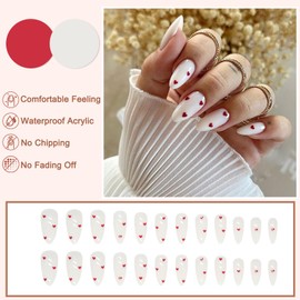 Pack of 24 Stick-On Nails Almond, French Press On Nails, Milk White Artificial Fingernails for Sticking with Red Love Design, Plain Artificial Nails, Acrylic Full Cover False Nails for Women