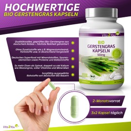 Vita2You Organic Barley Grass Capsules - 360 Capsules - 3000 mg Daily Dose - 500 mg per Capsule - Barley Grass from German Cultivation - No Additives - High Dose - Ecological Cultivation - Premium